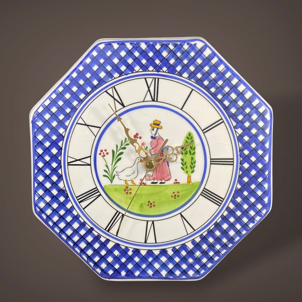 Quimper Style Ceramic Wall Clock Breton Woman Goose French Country 1980s